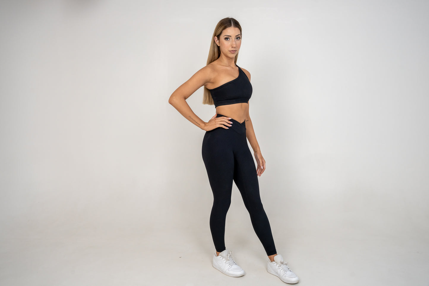 Active one shoulder bralette and Tights Set Black
